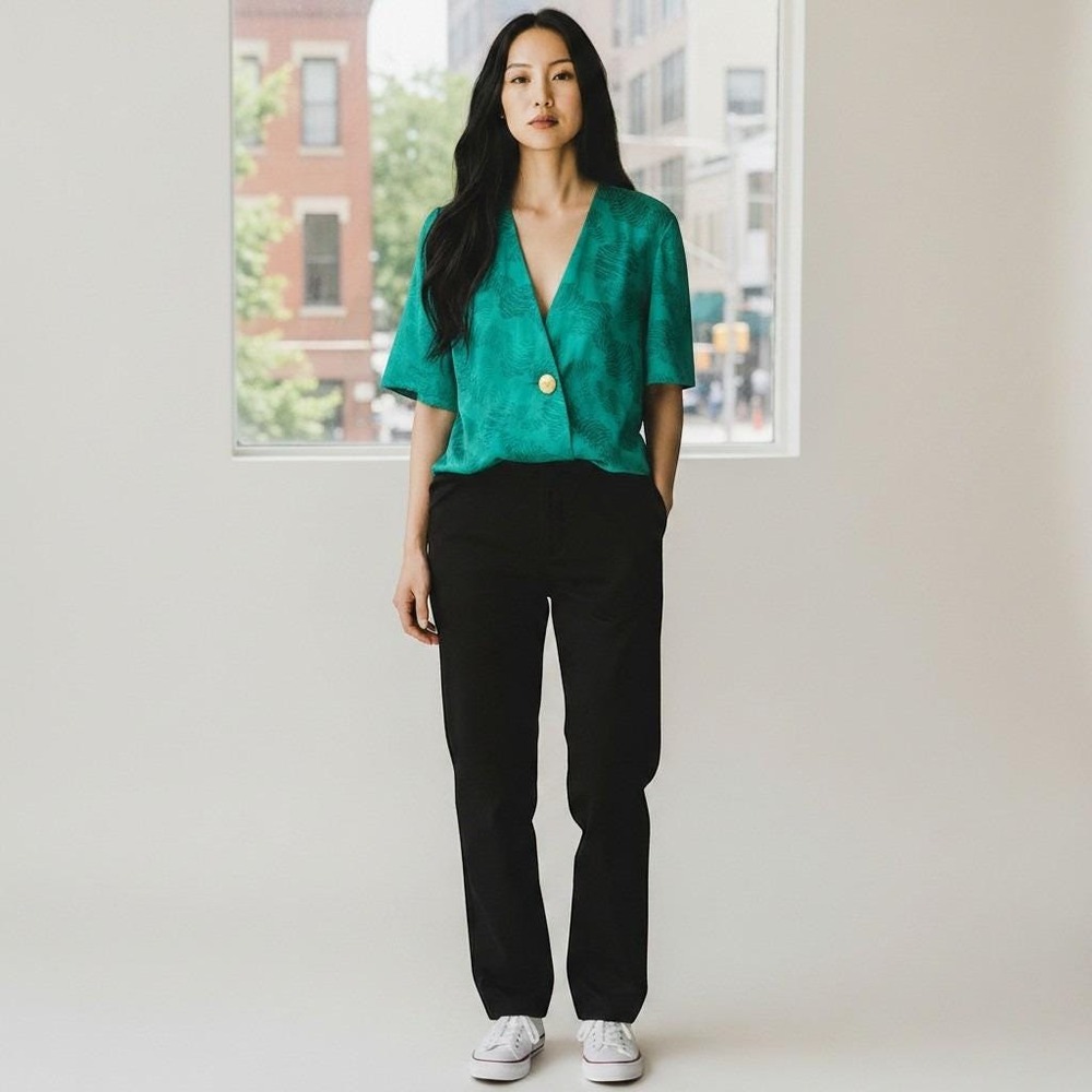 Vintage Neiman Marcus VNeck Blazer Women Sz 10 Green Floral Silk Office Workwear